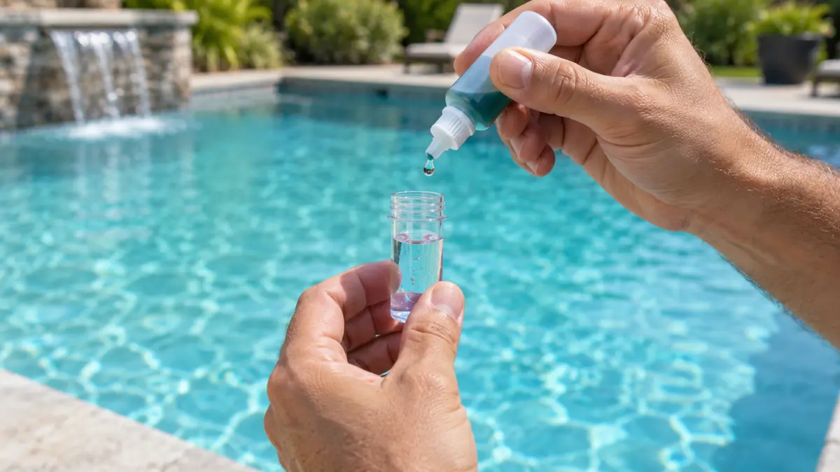 Dropper adding titration reagent to a small water sample vial, with a swimming pool blurred in the background.