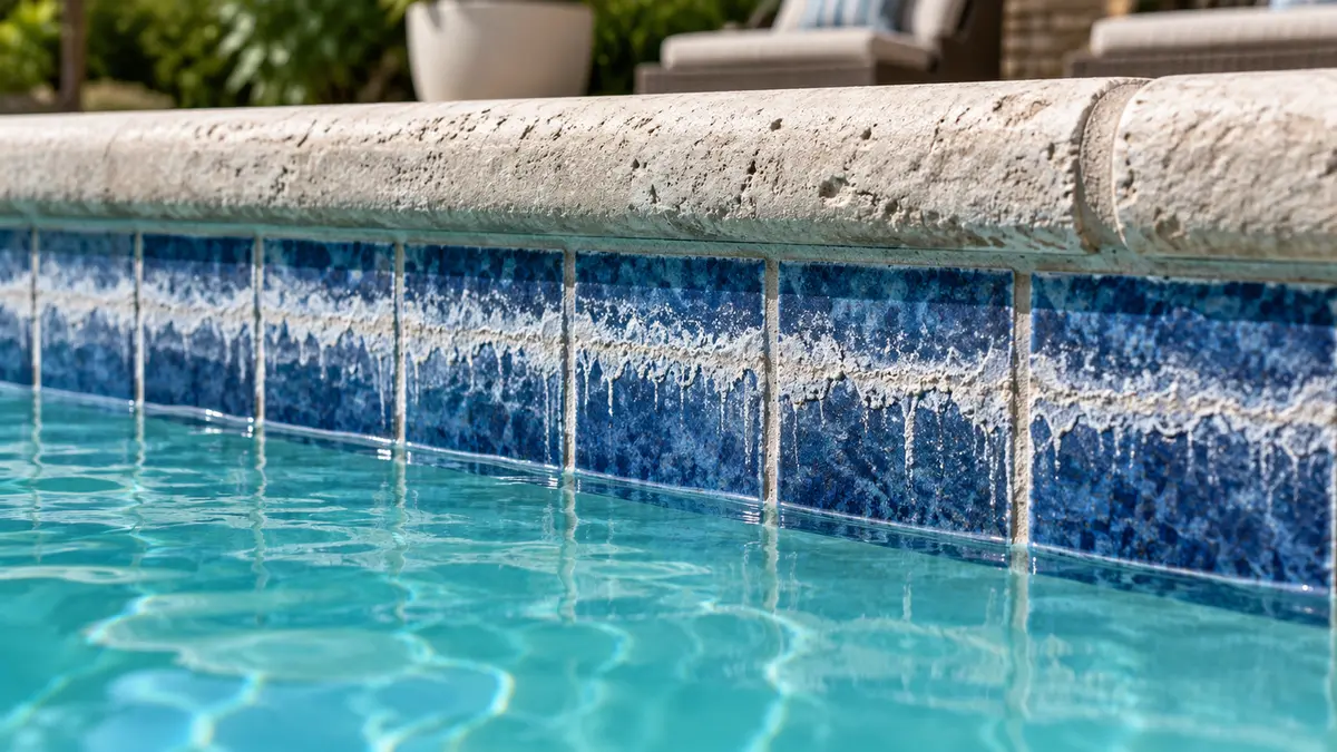Close-up of white calcium scale deposits on blue waterline pool tile.