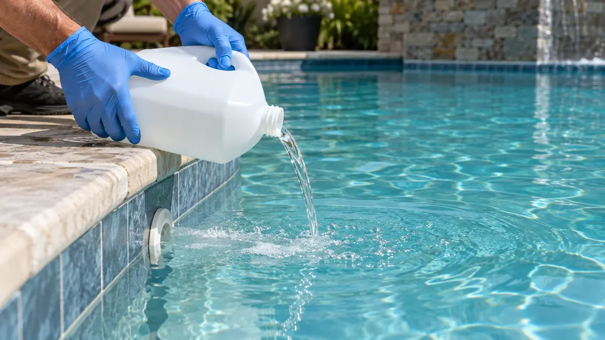 Gloved hand pouring liquid chlorine from an unlabeled jug into pool water near a return jet.