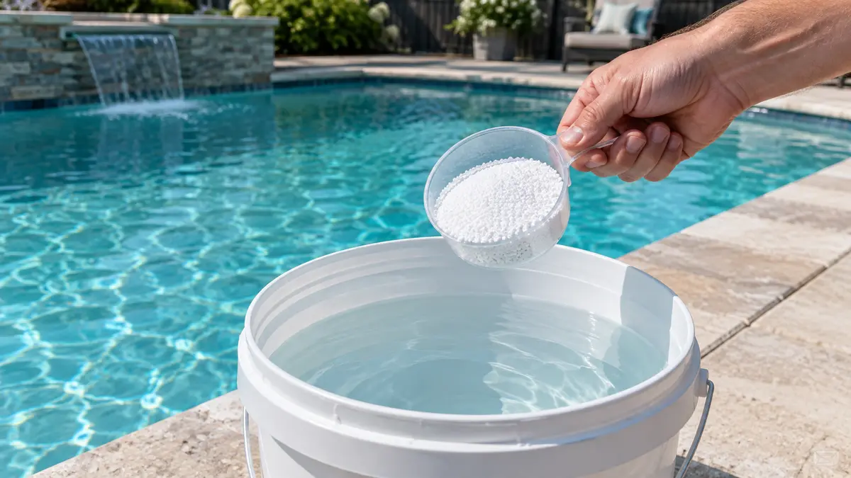 White granular pool stabilizer in a clear measuring scoop held above a plastic bucket of pool water.