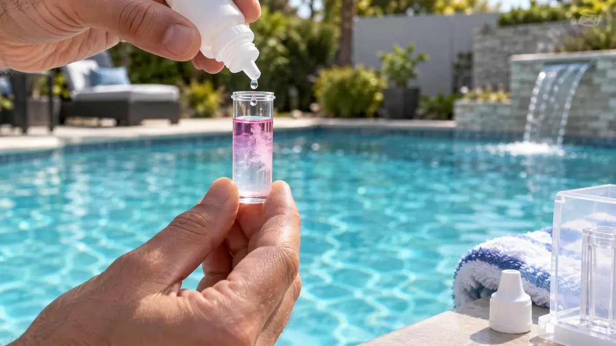 Close-up of a drop-count free chlorine titration test turning from pink to clear in a sample vial.