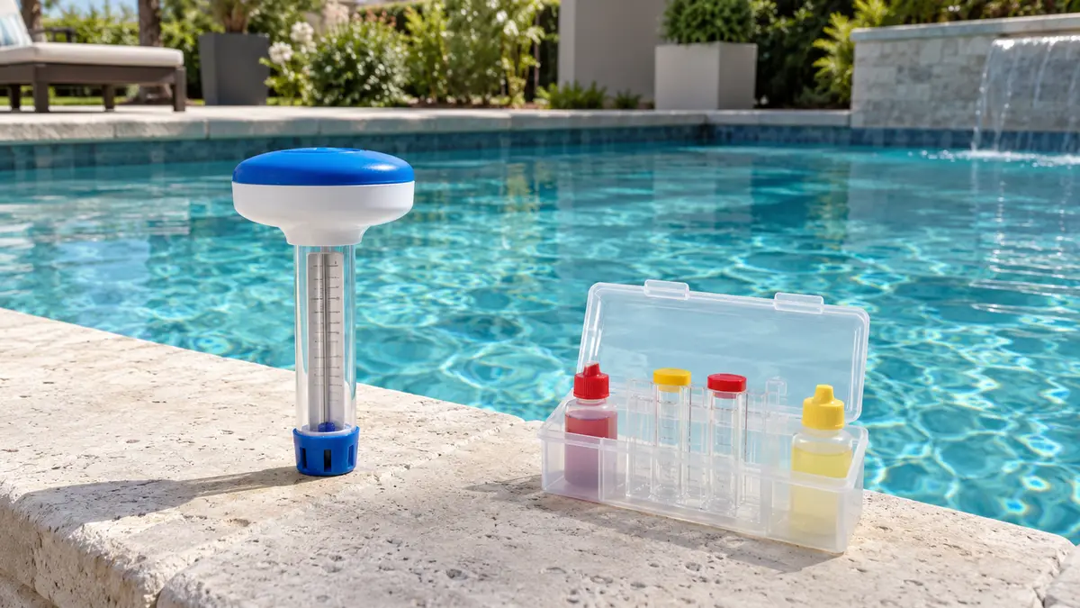 Floating pool thermometer beside a water test kit on the pool coping, with clear balanced water behind.