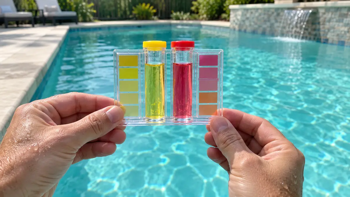 Pool test kit comparator vials showing yellow and red pH reagent colors, held above pool water.