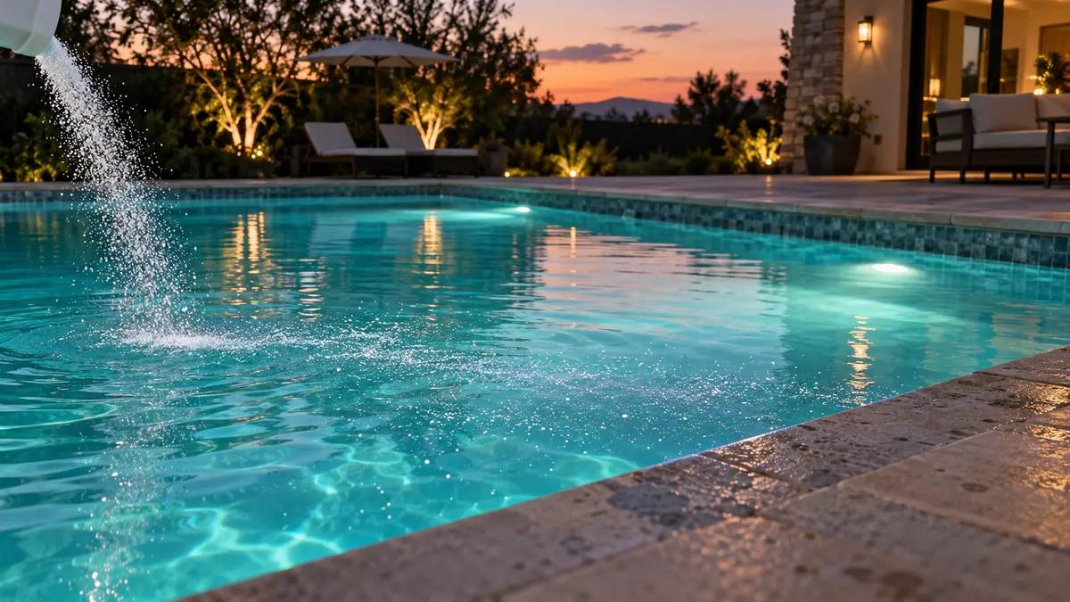 Granular pool shock being sprinkled across the surface of a backyard pool at dusk with the underwater lights on.