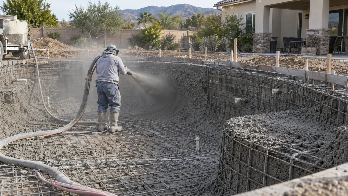 Illustrative image of a worker spraying gunite onto the steel rebar shell of a backyard pool under construction.
