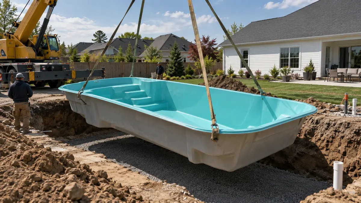 Illustrative image of a crane lowering a one-piece fiberglass pool shell into an excavated backyard.