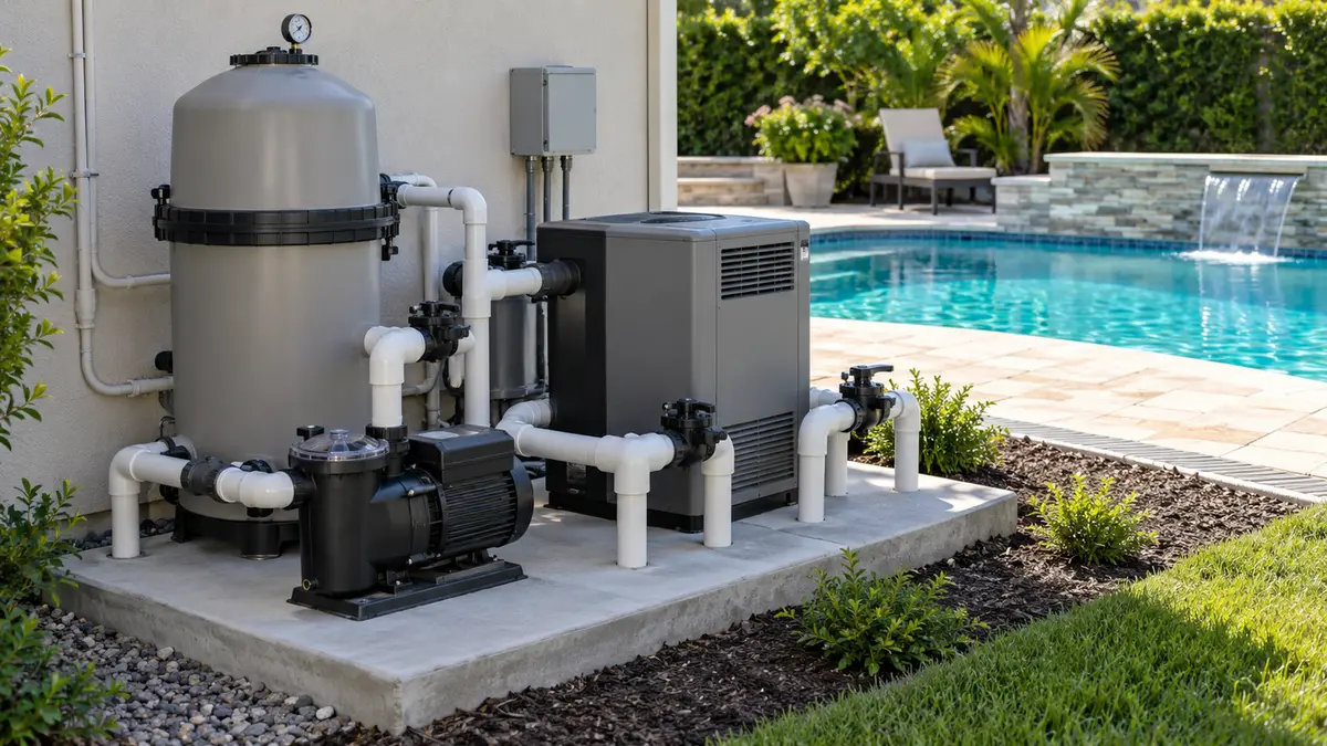 Illustrative image of a tidy pool equipment pad with a variable-speed pump, cartridge filter and heater.