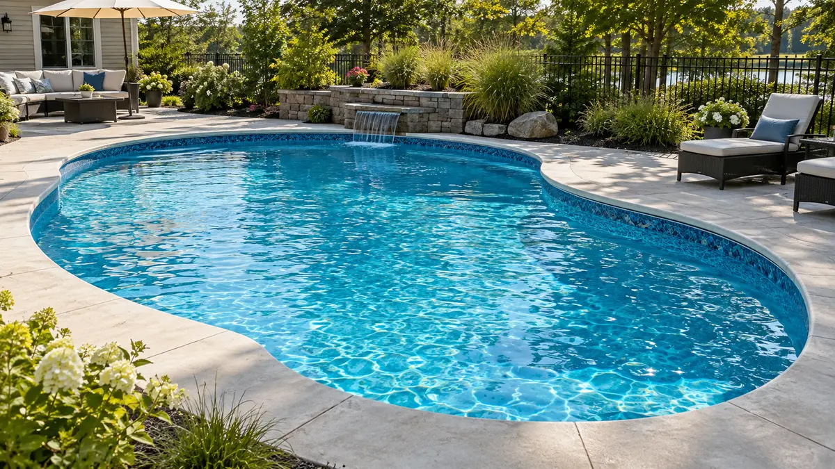 Illustrative image of a finished vinyl liner inground pool with a patterned blue liner and white coping.