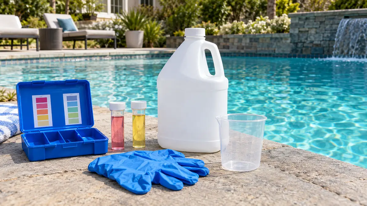 Pool chemistry supplies arranged on a stone pool deck: a reagent test kit, an unlabeled liquid chlorine jug, nitrile gloves and a measuring cup.