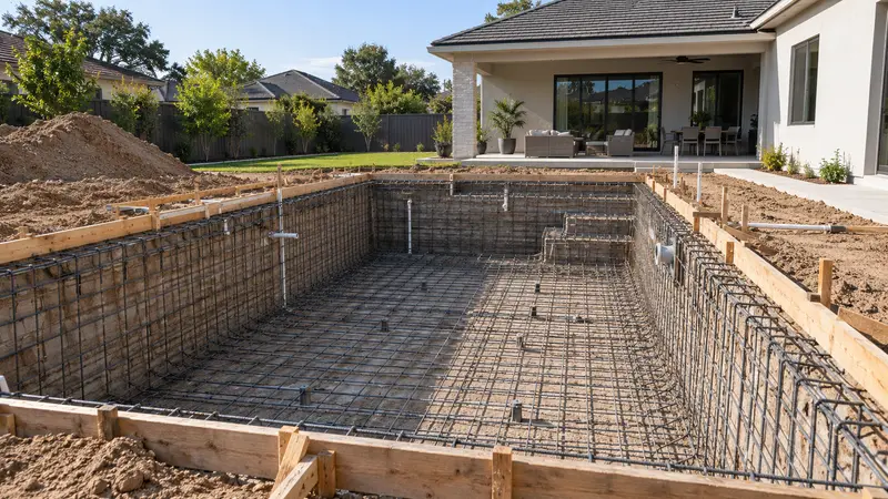 Backyard inground pool under construction with steel rebar framework