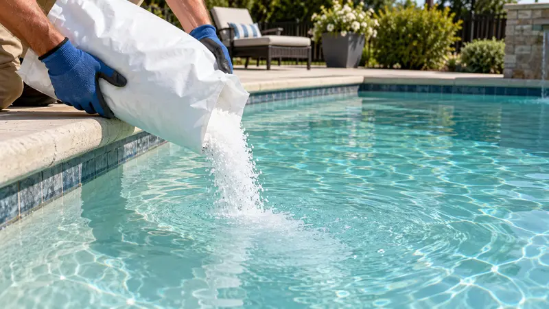 Gloved hands pouring pool salt into the shallow end of a pool