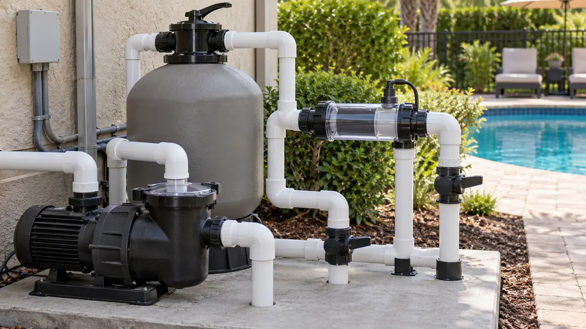 Saltwater chlorinator cell plumbed into a pool equipment pad next to the pump and filter.