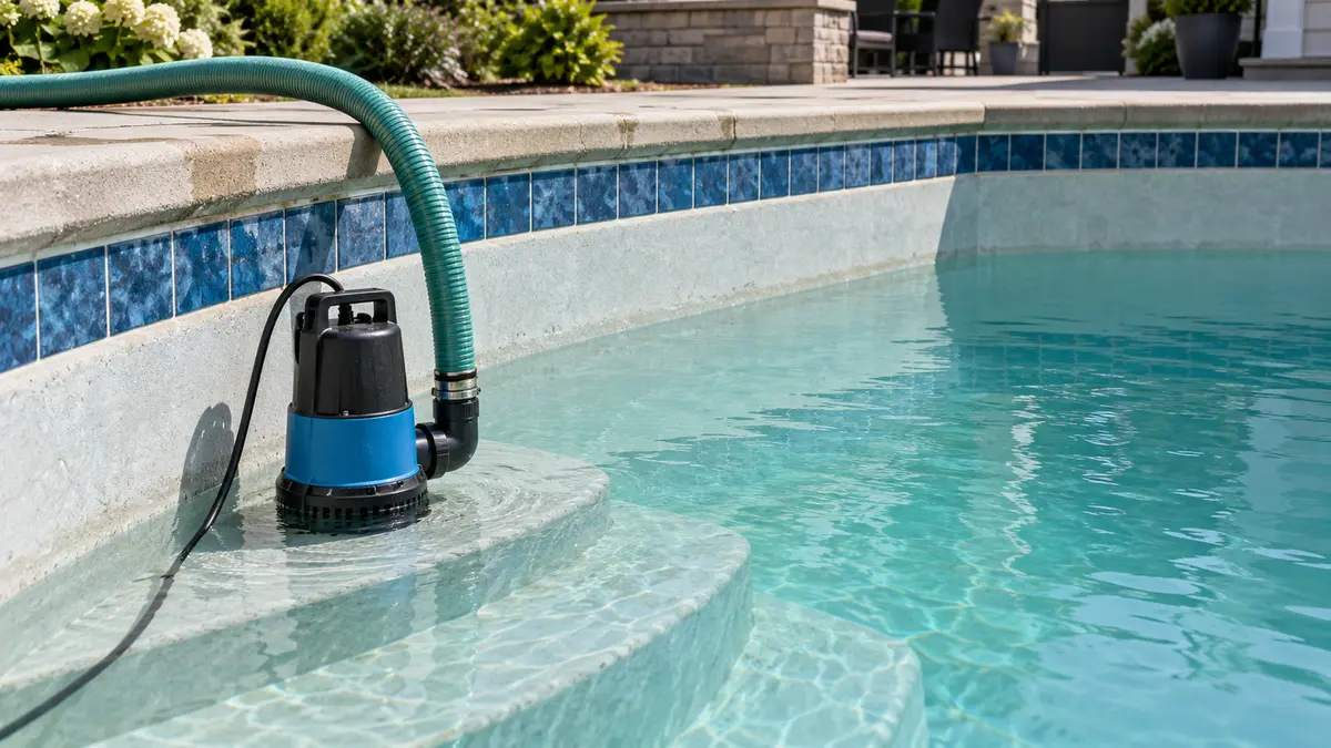 Submersible pump with a discharge hose partially draining a pool, with the water level lowered below the tile line.