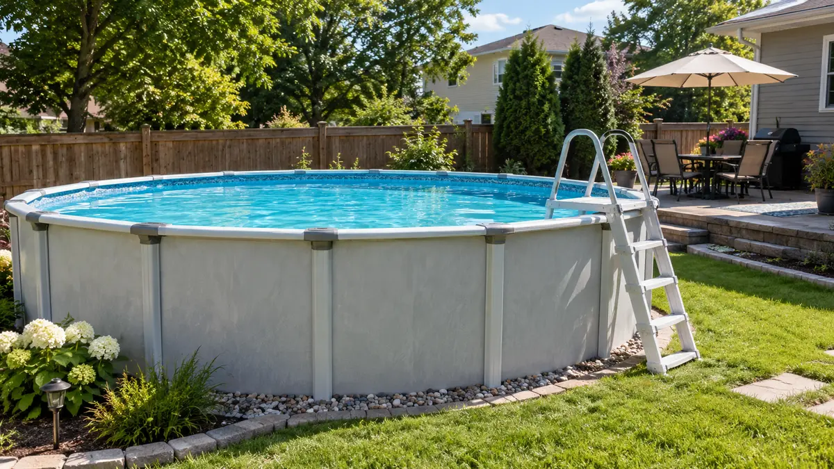 Steel-wall above-ground pool with a ladder in a family backyard on a sunny summer afternoon