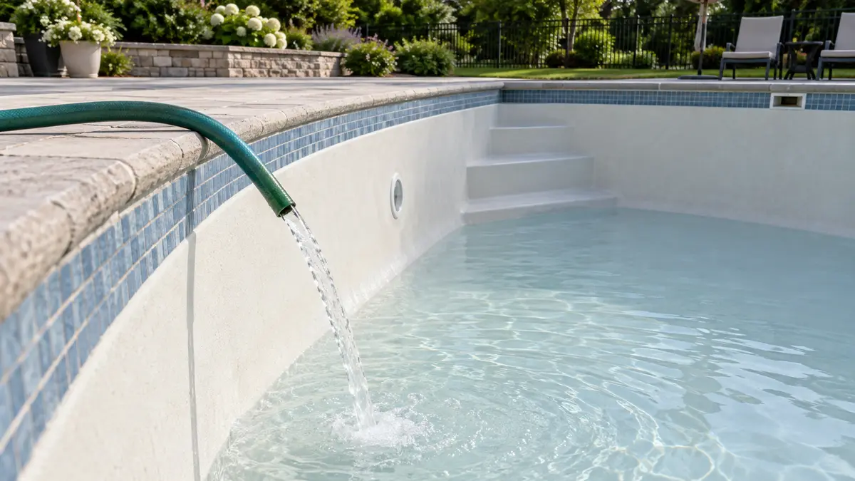Green garden hose draped over the edge of a nearly empty pool, filling it with fresh water