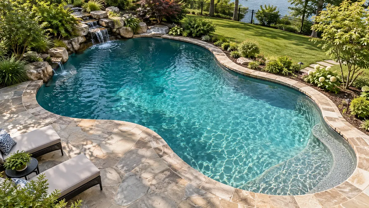 Aerial view of a kidney-shaped freeform inground pool with curved edges surrounded by natural landscaping
