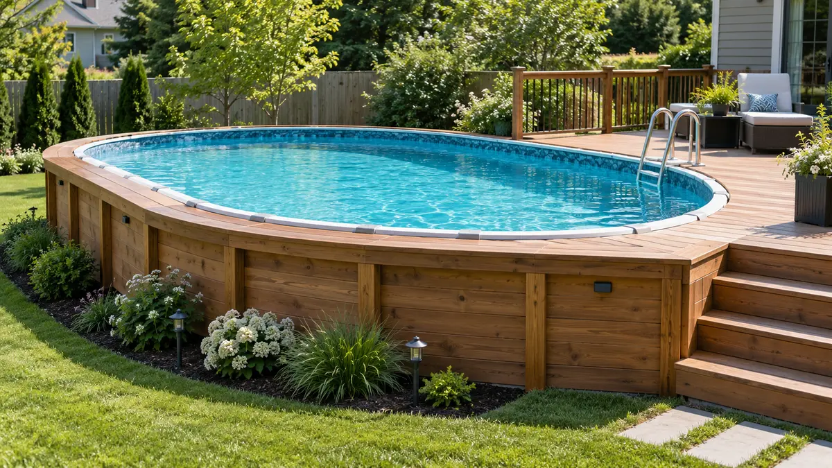 Oval above-ground pool with clear blue water surrounded by a wooden deck, seen from a three-quarter angle