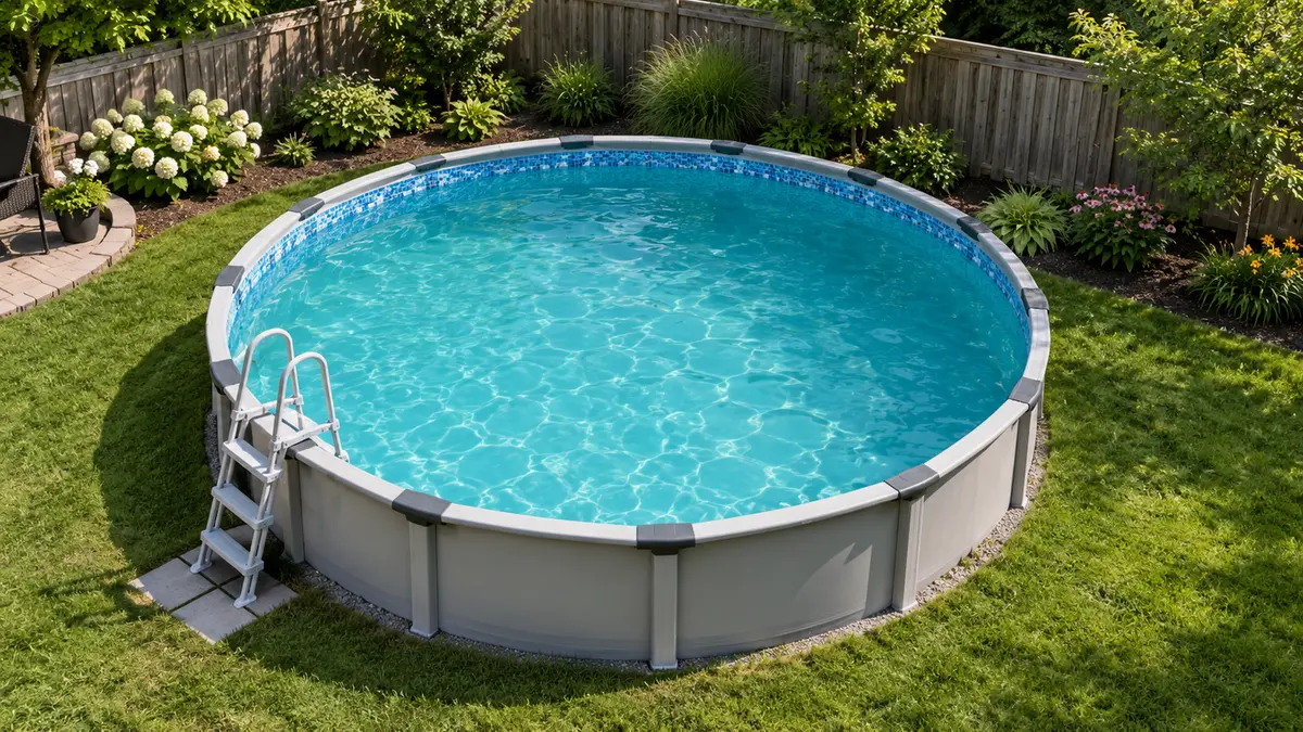 Overhead view of a round above-ground pool filled with clear blue water in a grassy backyard