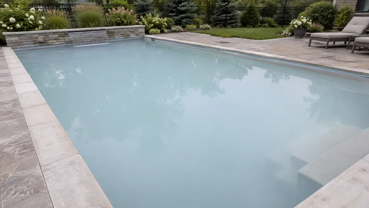 Milky, cloudy pool water with the pool floor barely visible under overcast light.