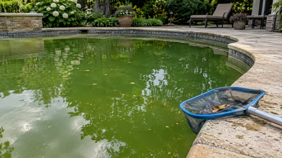 Backyard pool with cloudy green algae water and a leaf skimmer resting on the pool edge.