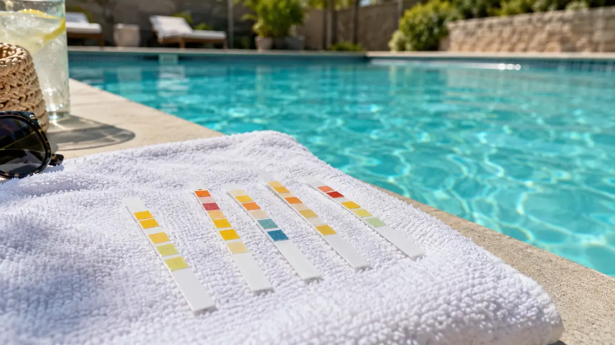 Pool test strips laid in a neat row on a white towel beside a pool, with their color pads visible.