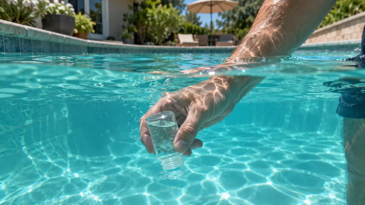 A hand inverting a small sample bottle to collect pool water at about elbow depth.